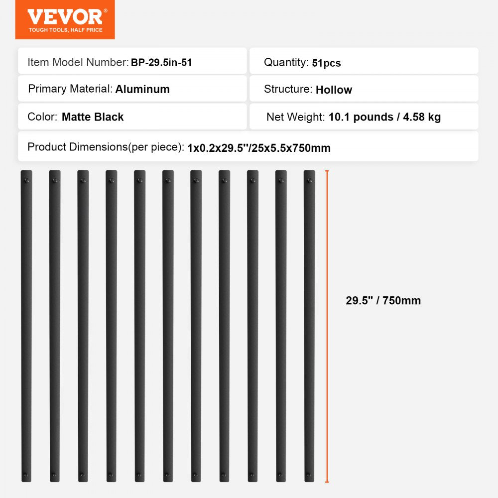 Matte black aluminum deck balusters, 29.5 inches tall, in a 51-pack for outdoor use.