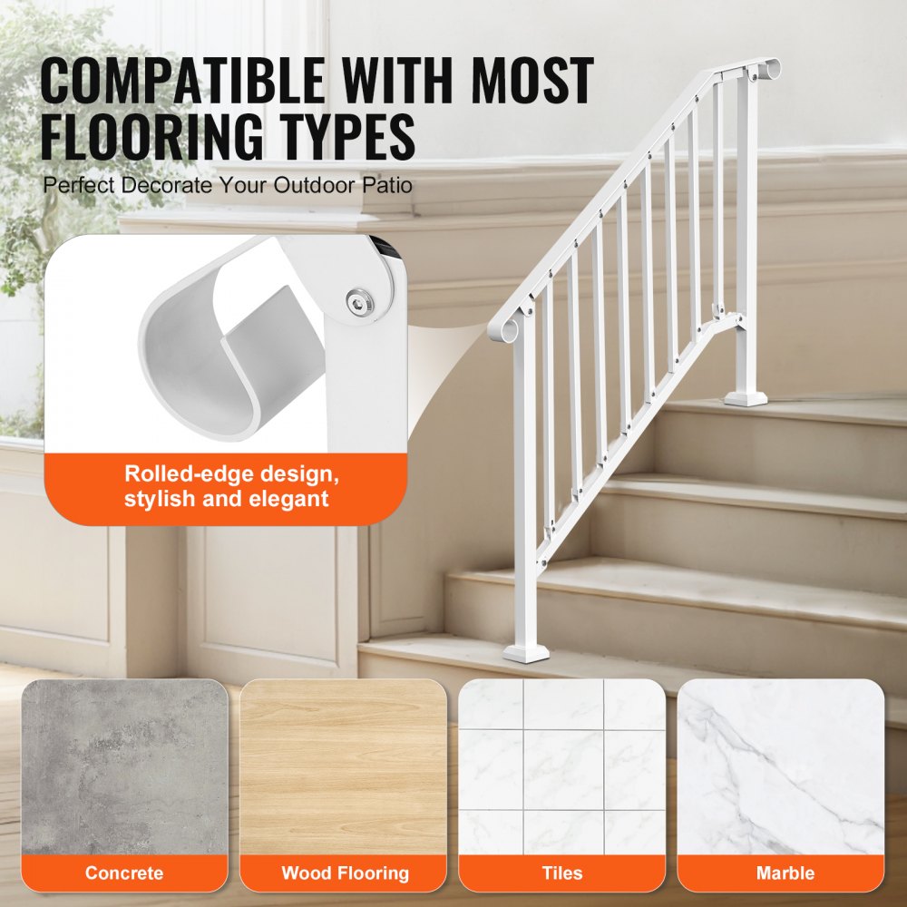 3-4 Step Handrails for Outdoor for Seniors Porch Deck Retro Arch White