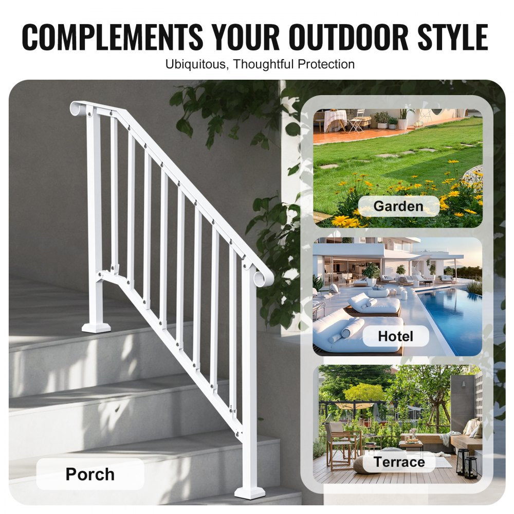 3-4 Step Handrails for Outdoor for Seniors Porch Deck Retro Arch White
