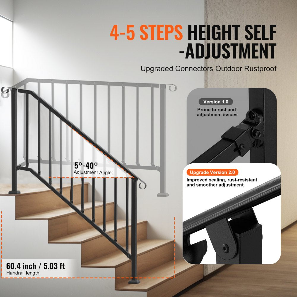 5-6 Step Handrails for Outdoor for Seniors Porch Deck Black Retro Arch