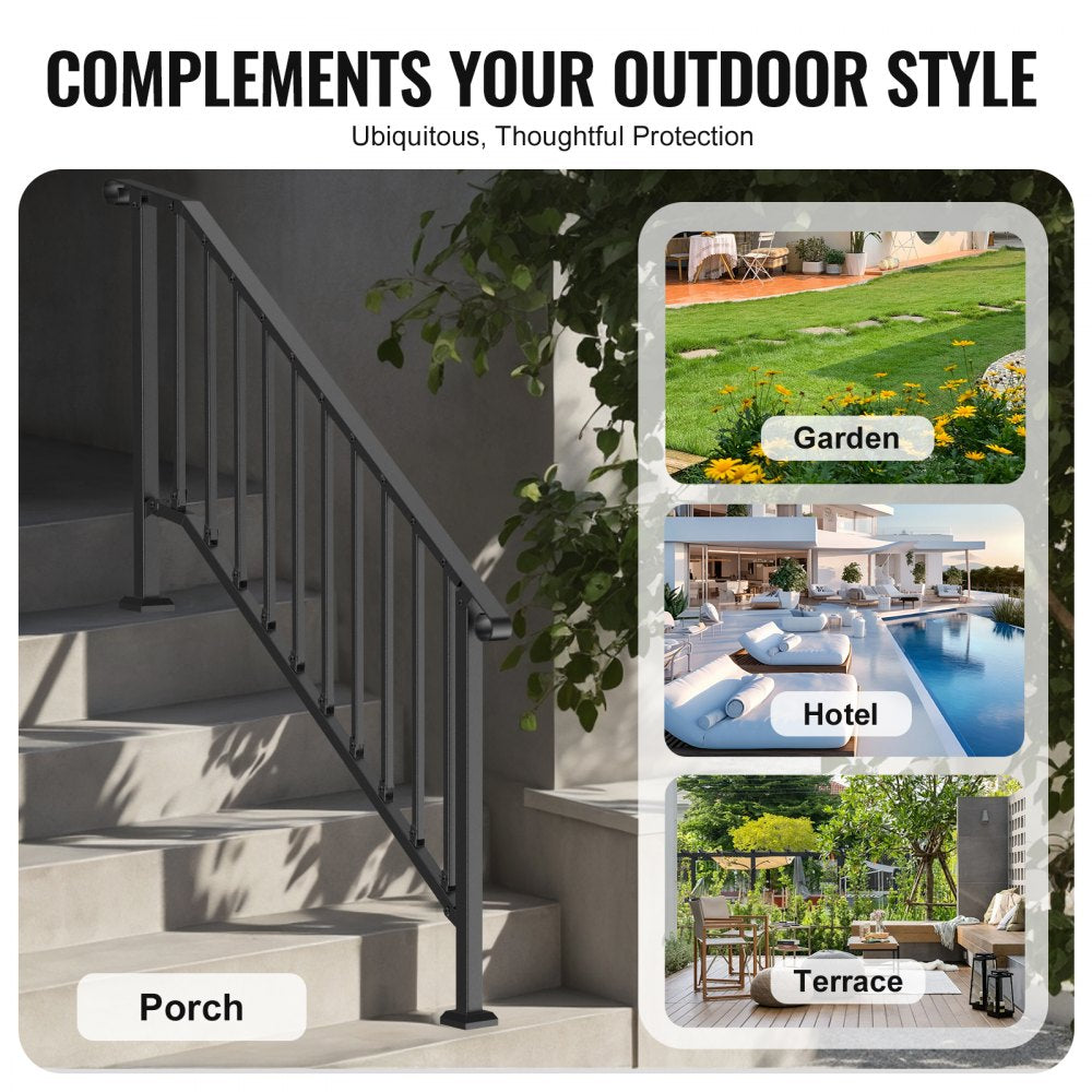 5-6 Step Handrails for Outdoor for Seniors Porch Deck Black Retro Arch