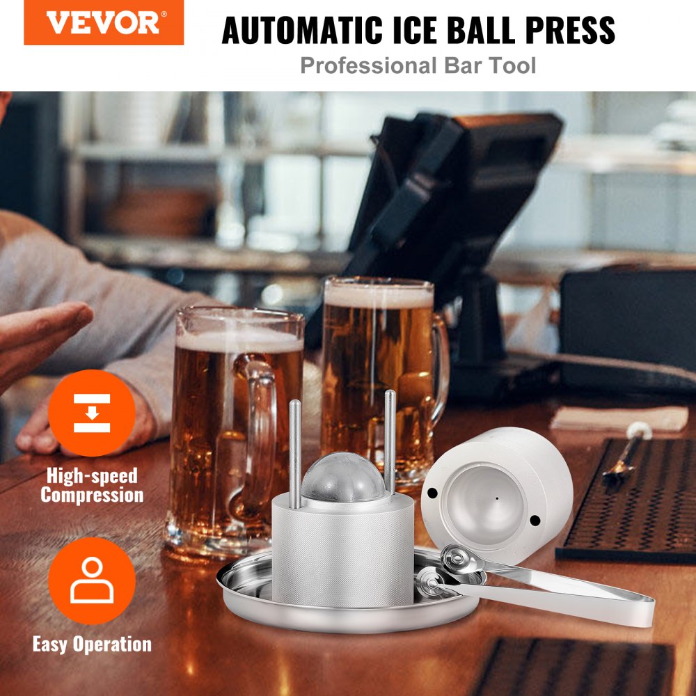 Ice Ball Press Kit, Aircraft Al Alloy Ice Press with Ice Block Mold, Large Mat, Tong, Drip Tray, One Glass, Round Ice Ball Maker 2.4"/60 mm Ice Sphere, for Whiskey, Cocktail on Party & Holiday
