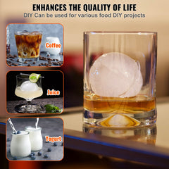 Ice Ball Press Kit, Aircraft Al Alloy Ice Press with Ice Block Mold, Large Mat, Tong, Drip Tray, One Glass, Round Ice Ball Maker 2.4"/60 mm Ice Sphere, for Whiskey, Cocktail on Party & Holiday