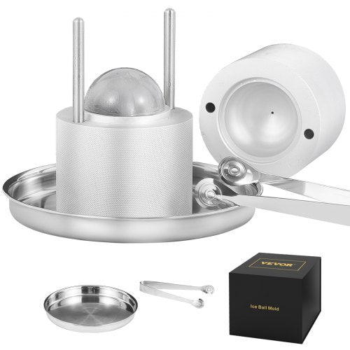 Ice Ball Press, 2.4" Ice Ball Maker, Aircraft Al Alloy Ice Ball Press Kit for 60mm Ice Sphere, Ice Press with Tong and Drip Tray, for Whiskey, Cocktail, Bourbon, Scot on Party & Holiday, Silver