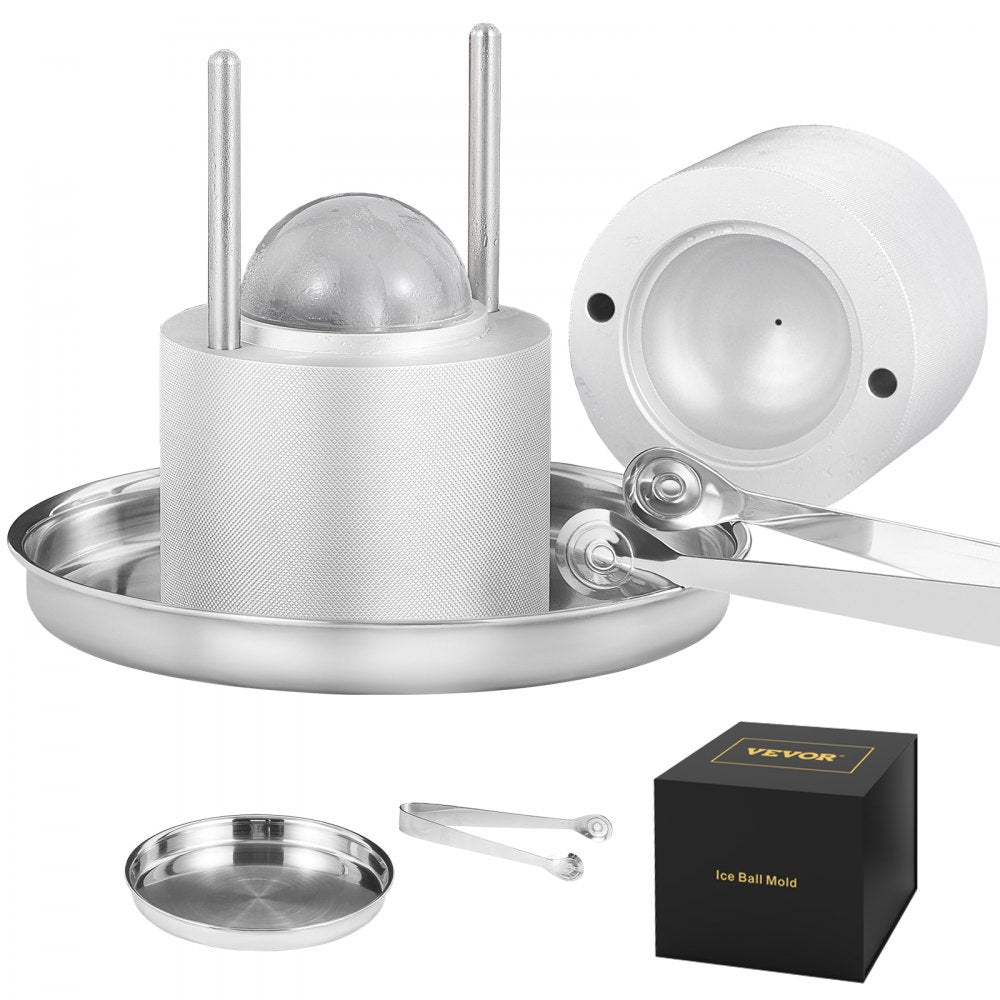 Ice Ball Press, 2.4" Ice Ball Maker, Aircraft Al Alloy Ice Ball Press Kit for 60mm Ice Sphere, Ice Press with Tong and Drip Tray, for Whiskey, Cocktail, Bourbon, Scot on Party & Holiday, Silver