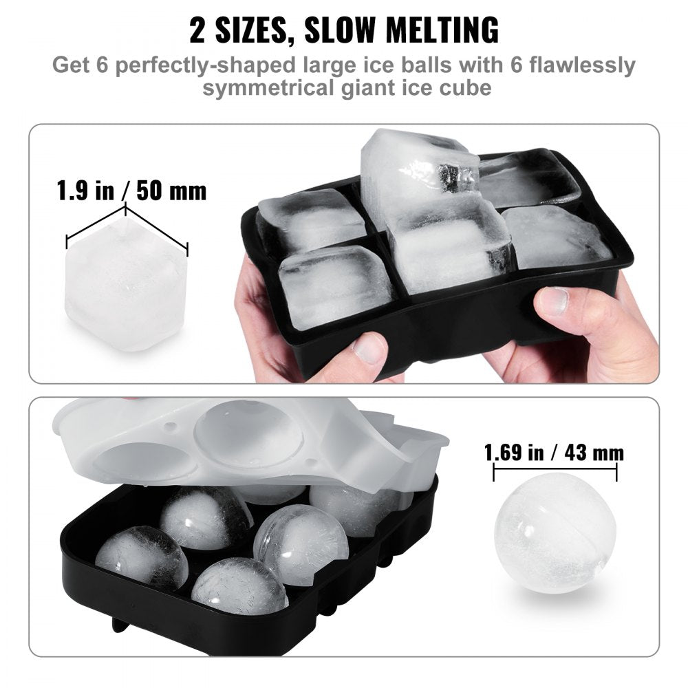 Ice Cube Trays (Set of 2), 2-in-1 Combo with Silicone Sphere Ice Ball Maker & Large Square Ice Cube Maker with Lid, Reusable Easy Release BPA Free Ice Tray Set for Whiskey Cocktails Bourbon