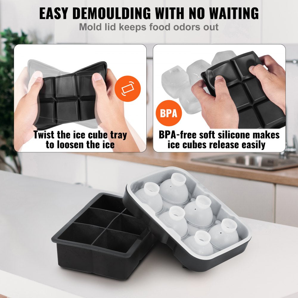 Ice Cube Trays (Set of 2), 2-in-1 Combo with Silicone Sphere Ice Ball Maker & Large Square Ice Cube Maker with Lid, Reusable Easy Release BPA Free Ice Tray Set for Whiskey Cocktails Bourbon