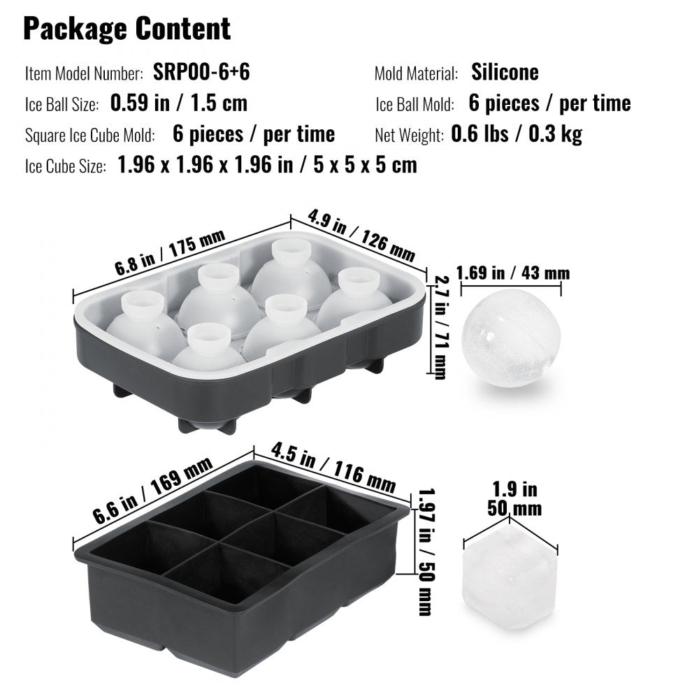 Ice Cube Trays (Set of 2), 2-in-1 Combo with Silicone Sphere Ice Ball Maker & Large Square Ice Cube Maker with Lid, Reusable Easy Release BPA Free Ice Tray Set for Whiskey Cocktails Bourbon