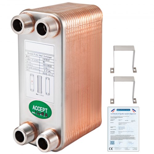 40-plate brazed heat exchanger with 316L stainless steel plates, copper brazing, four 3/4-inch MNPT ports, and mounting brackets.