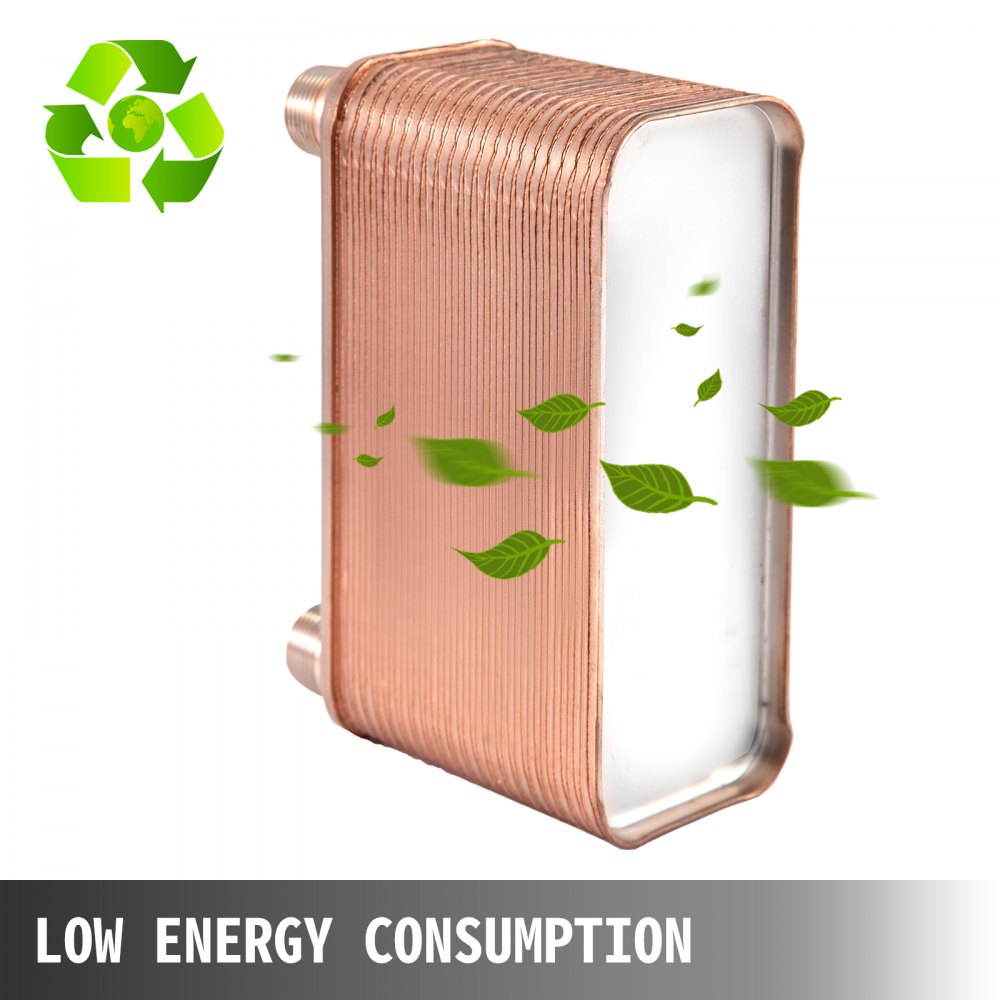 Compact copper brazed heat exchanger with 40 stainless steel plates and 3/4-inch ports.