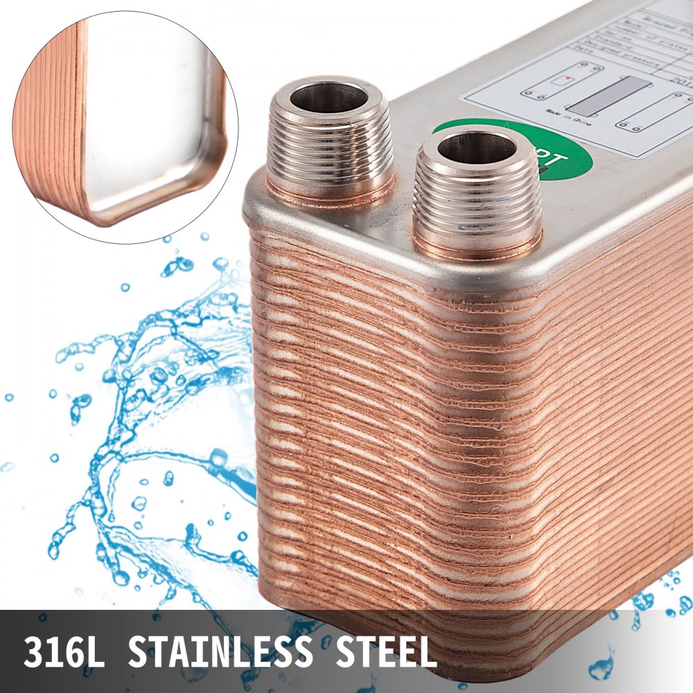 316L stainless steel 40-plate brazed heat exchanger with 3/4-inch MNPT ports.