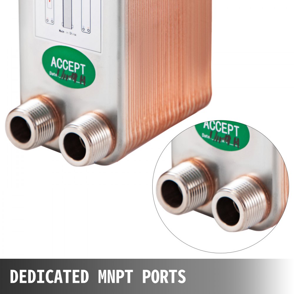Bostome 40-plate brazed heat exchanger in 316L stainless steel with 3/4-inch MNPT ports.