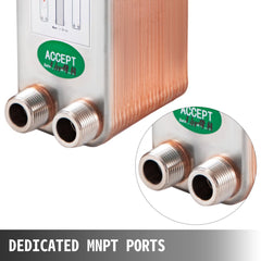 Bostome 40-plate brazed heat exchanger in 316L stainless steel with 3/4-inch MNPT ports.