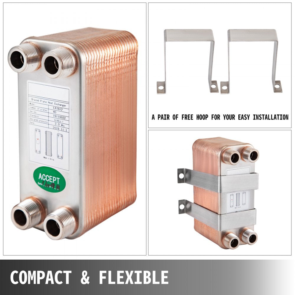 Compact 40-plate brazed heat exchanger with 316L stainless steel plates and 3/4-inch MNPT ports, including mounting hoops.