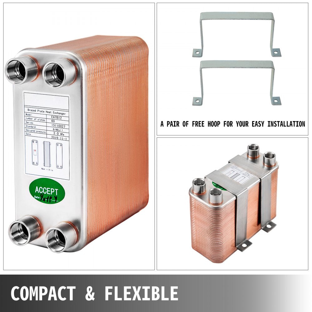 Bostome 60 Plate Brazed Heat Exchanger in 316L stainless steel with four 1/2" BSP ports.