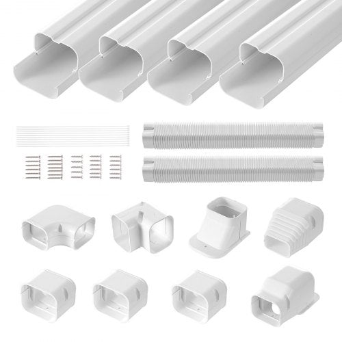 White PVC 3-inch mini split line set cover with pipes, connectors, and screws, 17.6 feet long.
