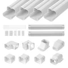 White PVC 3-inch mini split line set cover with pipes, connectors, and screws, 17.6 feet long.
