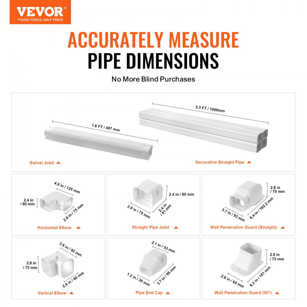 White PVC mini split line set cover kit with 3-inch diameter, 17.6ft length, including straight pipes, elbows, joints, and guards.