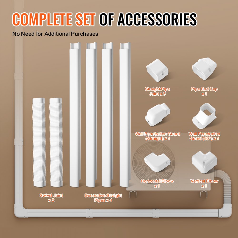 White PVC mini split line set cover kit with 17.6ft straight pipes, elbows, joints, and caps.