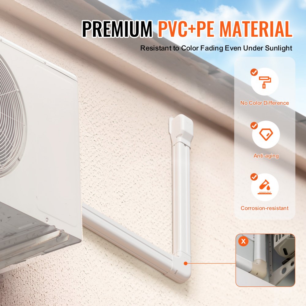 White 3-inch PVC mini split line set cover, 17.6 feet long, installed on exterior wall.
