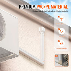 White 3-inch PVC mini split line set cover, 17.6 feet long, installed on exterior wall.