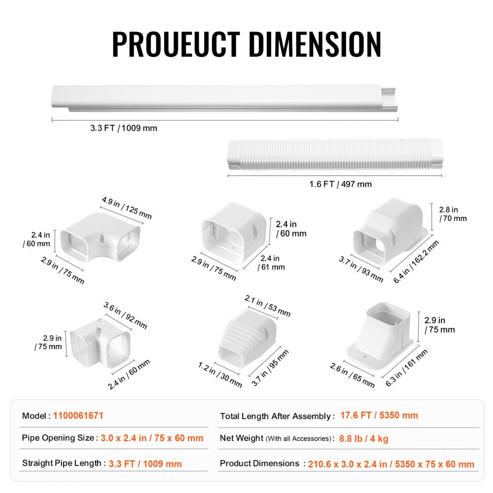 Diagram of 17.6ft white PVC mini split line set cover components with dimensions in inches and feet.