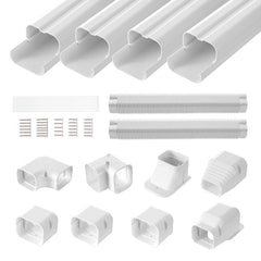 White PVC 3-inch mini split line set cover with pipes, connectors, screws, and zip ties.