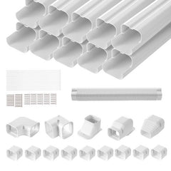 White PVC mini split line set cover kit with 17.7ft straight sections, elbows, couplers, and clips.