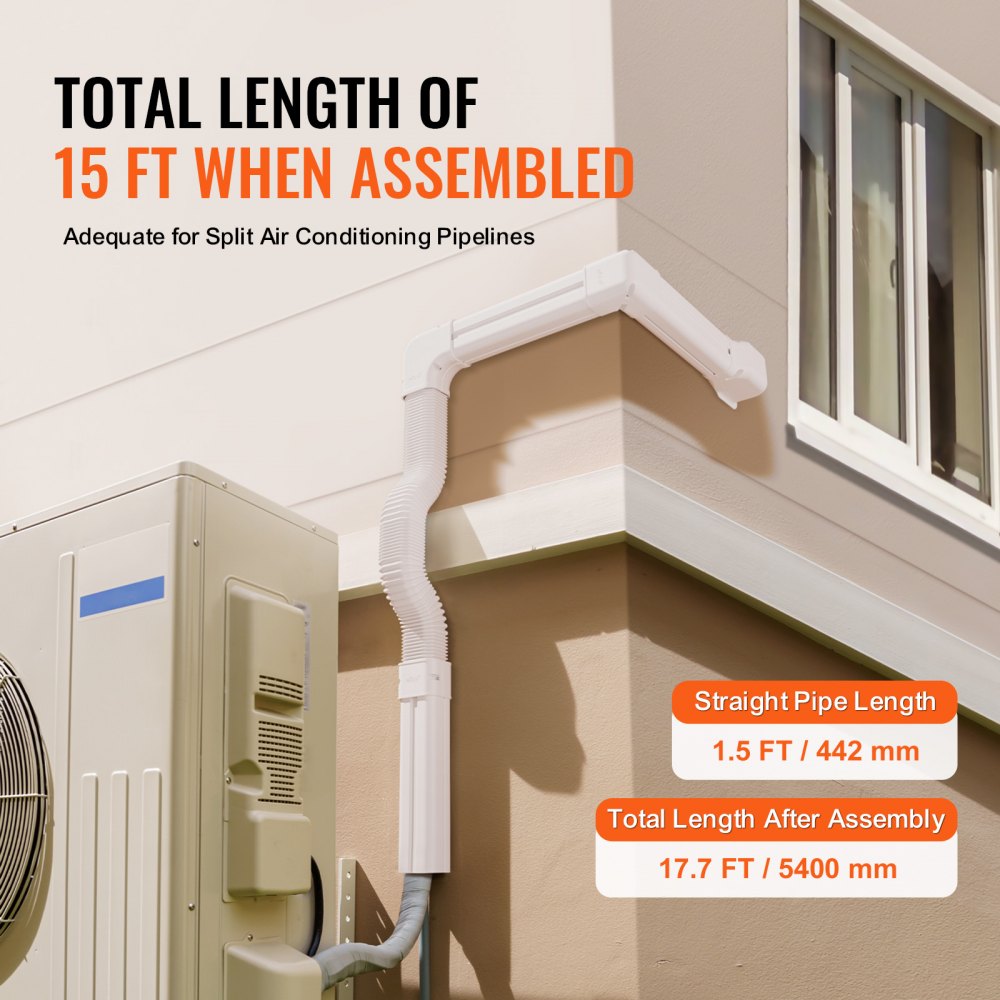 White 3-inch PVC mini split line set cover, 17.7 feet long, installed on building exterior.