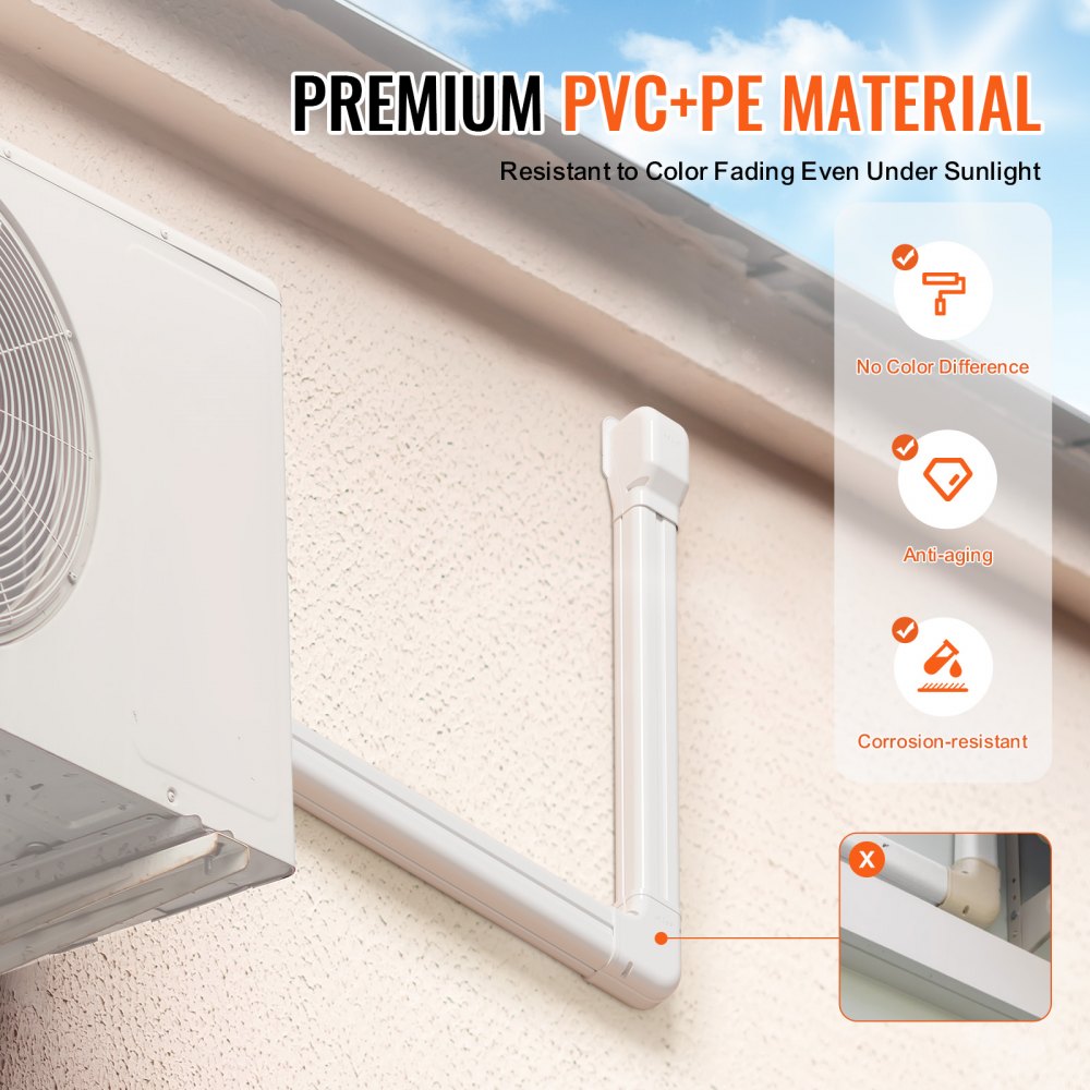 White 3-inch PVC mini split line set cover, 17.7 feet long, installed on exterior wall.