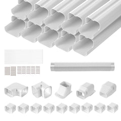 White PVC mini split line set cover kit, 17.7ft long with elbows, connectors, and tape.