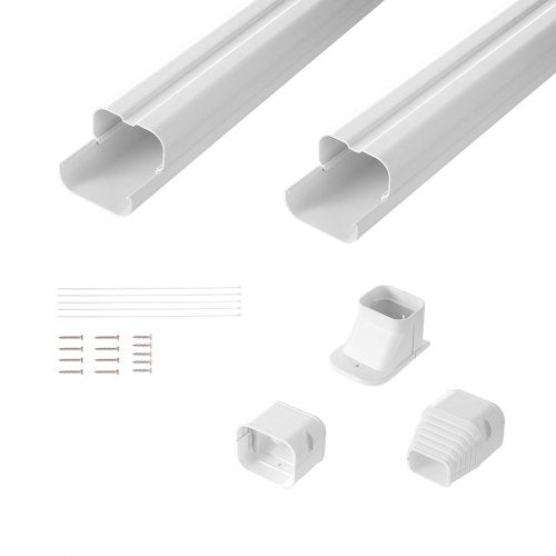 White PVC mini split line set cover kit with two channels, fittings, screws, and zip ties.