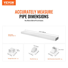 White 3-inch PVC mini split line set cover, 7.4 feet long, with straight section, elbow joint, end cap, and wall guard.