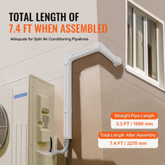 White 3-inch PVC mini split line set cover, 7.4 feet long, installed on building exterior.
