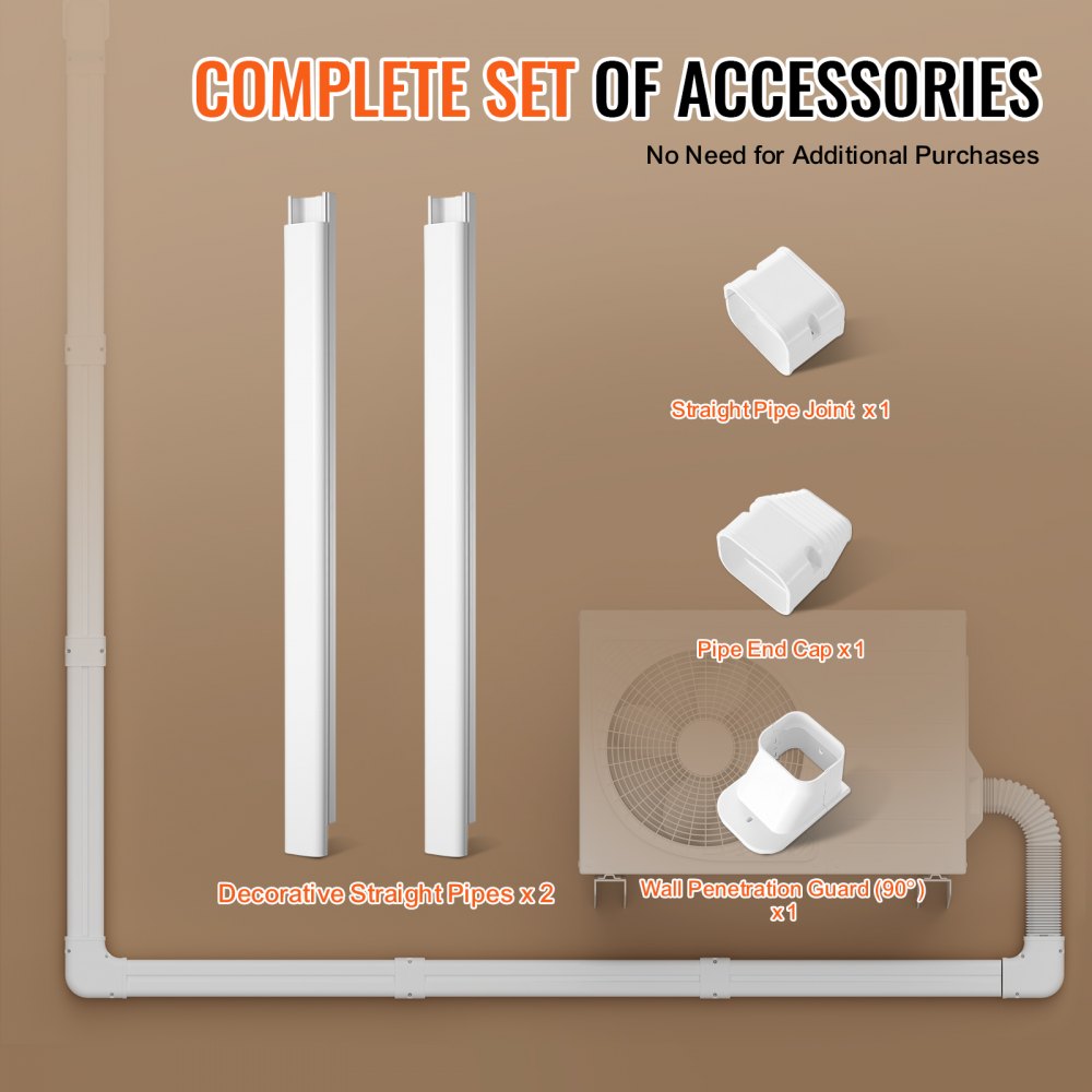 White PVC mini split line set cover kit with two 4ft straight pipes, one elbow, and one wall mount.