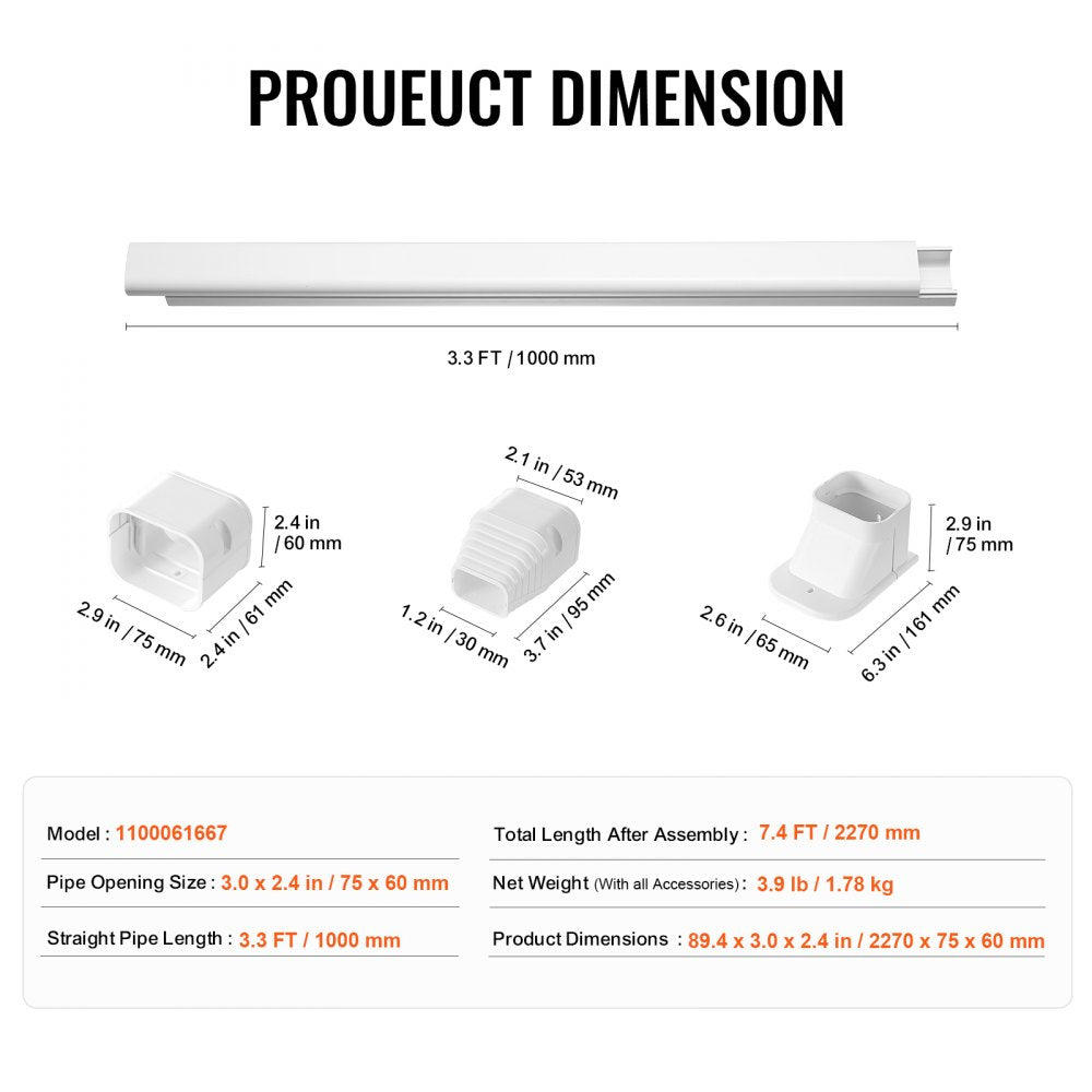 White PVC mini split line set cover, 7.4 ft long, with assembly dimensions shown.