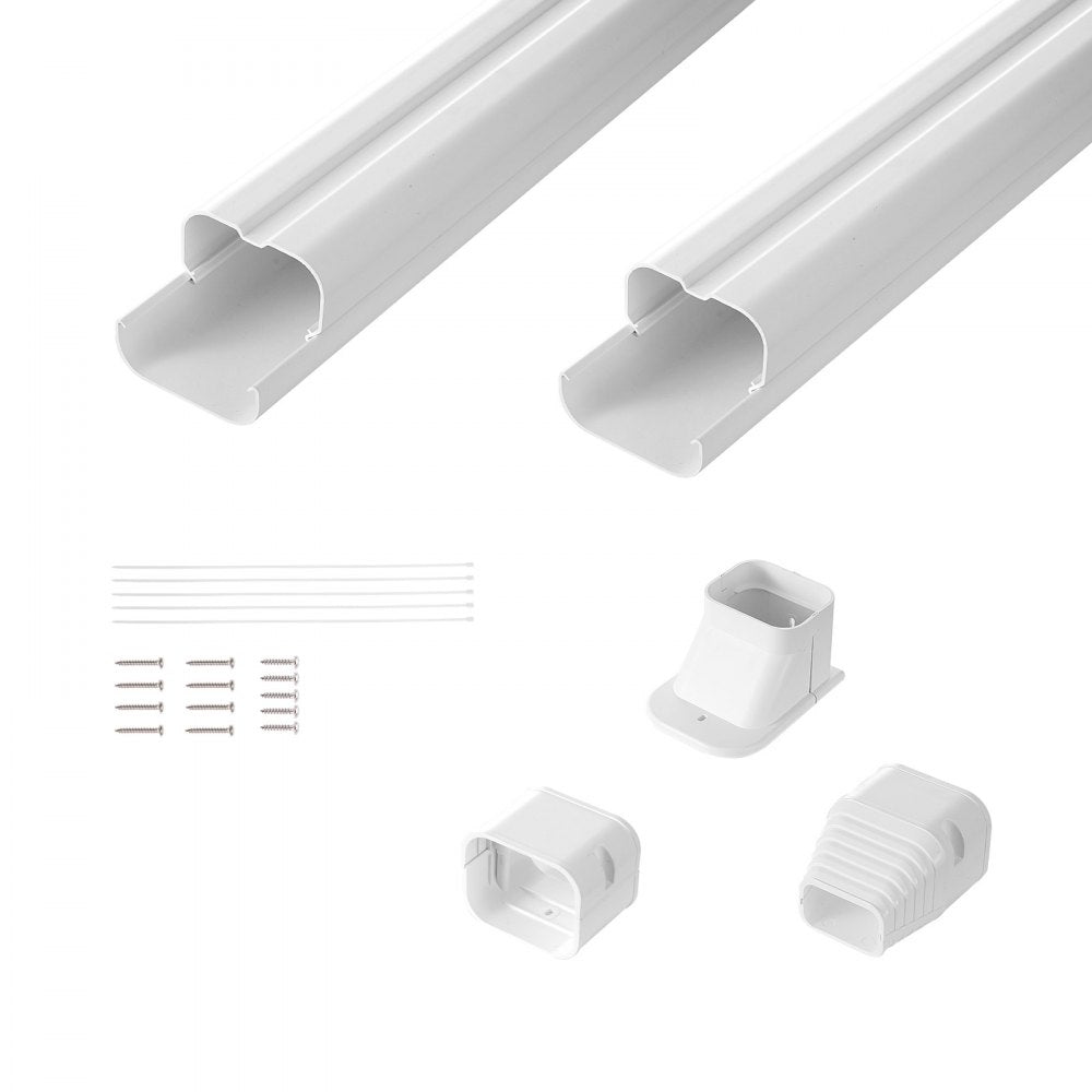 Two white PVC mini split line set covers, 7.4ft long with 3-inch diameter, plus elbows, couplers, screws, and anchors.