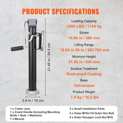 Trailer Jack, Trailer Tongue Jack Fix Mount Bolt-on 2500 lb Weight Capacity, Trailer Jack Stand with Handle for lifting RV Trailer, Horse Trailer, Utility Trailer, Yacht Trailer