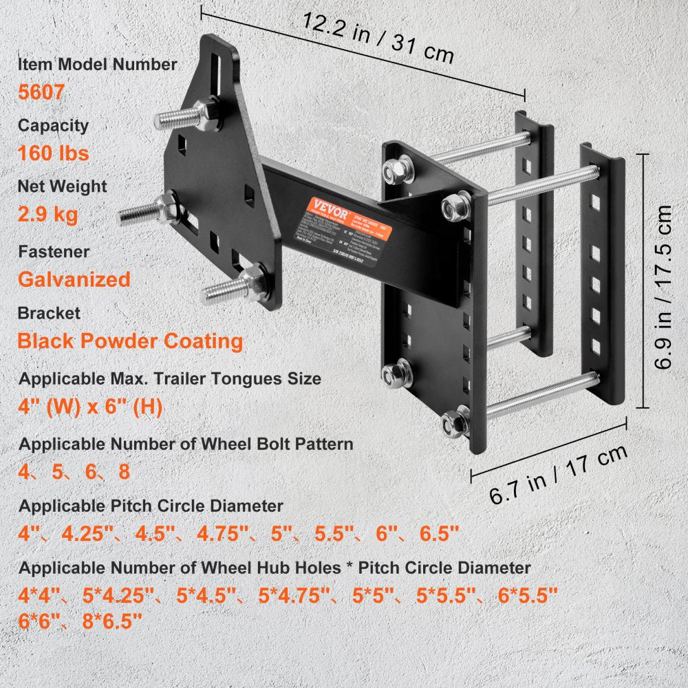 Spare Tire Carrier, Trailer Spare Tire Mount, 160 lbs Capacity, Utility Trailer Accessories Fits Most 4 & 5 & 6 & 8 Lugs Wheels on 4", 4.25", 4.5", 4.75", 5", 5.5", 6", 6.5" Bolt Patterns