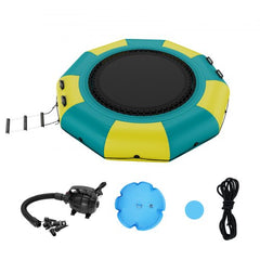 10ft inflatable water trampoline in yellow and teal with black jumping mat, ladder, pump, anchor bag, and repair patch.