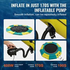 10ft inflatable water trampoline in yellow and teal with ladder, pump, and anchor bag.
