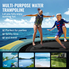 10ft inflatable water trampoline with ladder and pump, shown floating on water with kids jumping.
