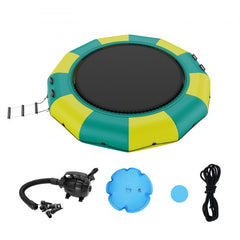 12ft inflatable water trampoline in green and yellow with black bounce deck, ladder, pump, anchor bags, and repair kit.