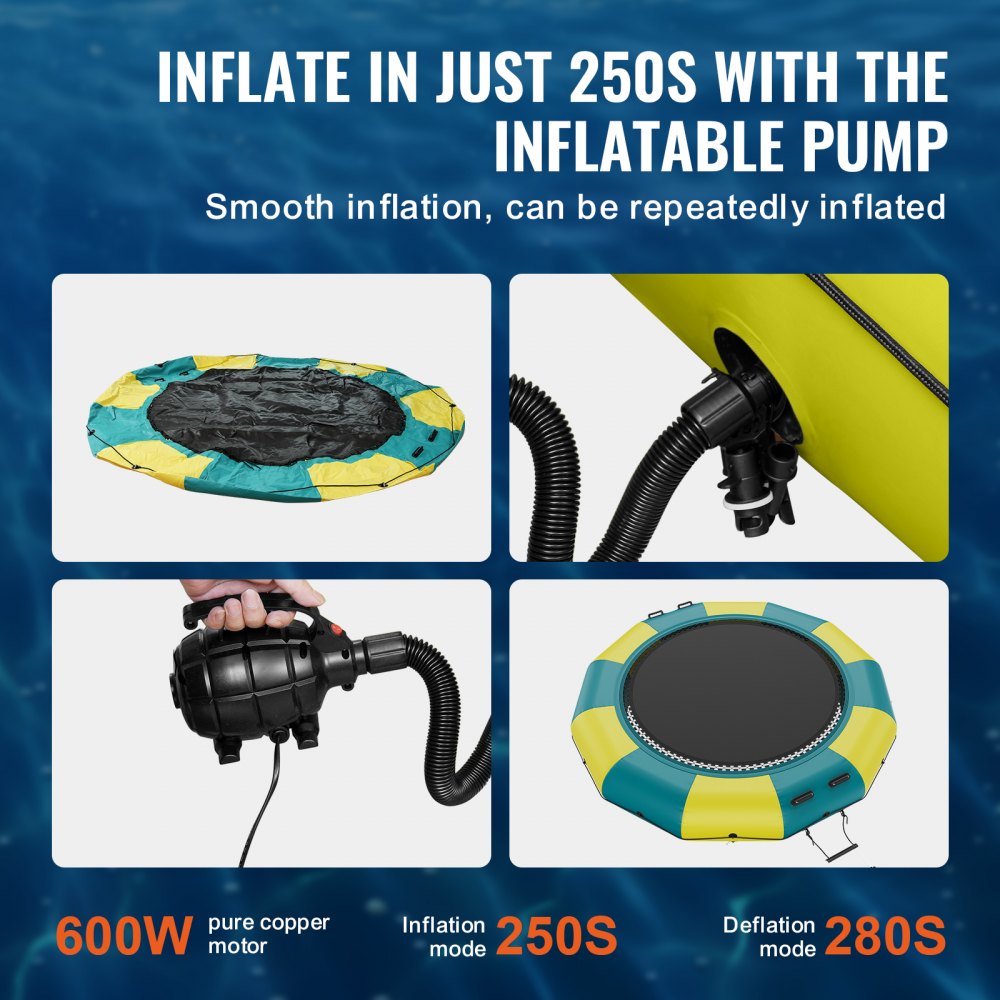 12ft inflatable water trampoline with ladder, pump, and anchor bags.