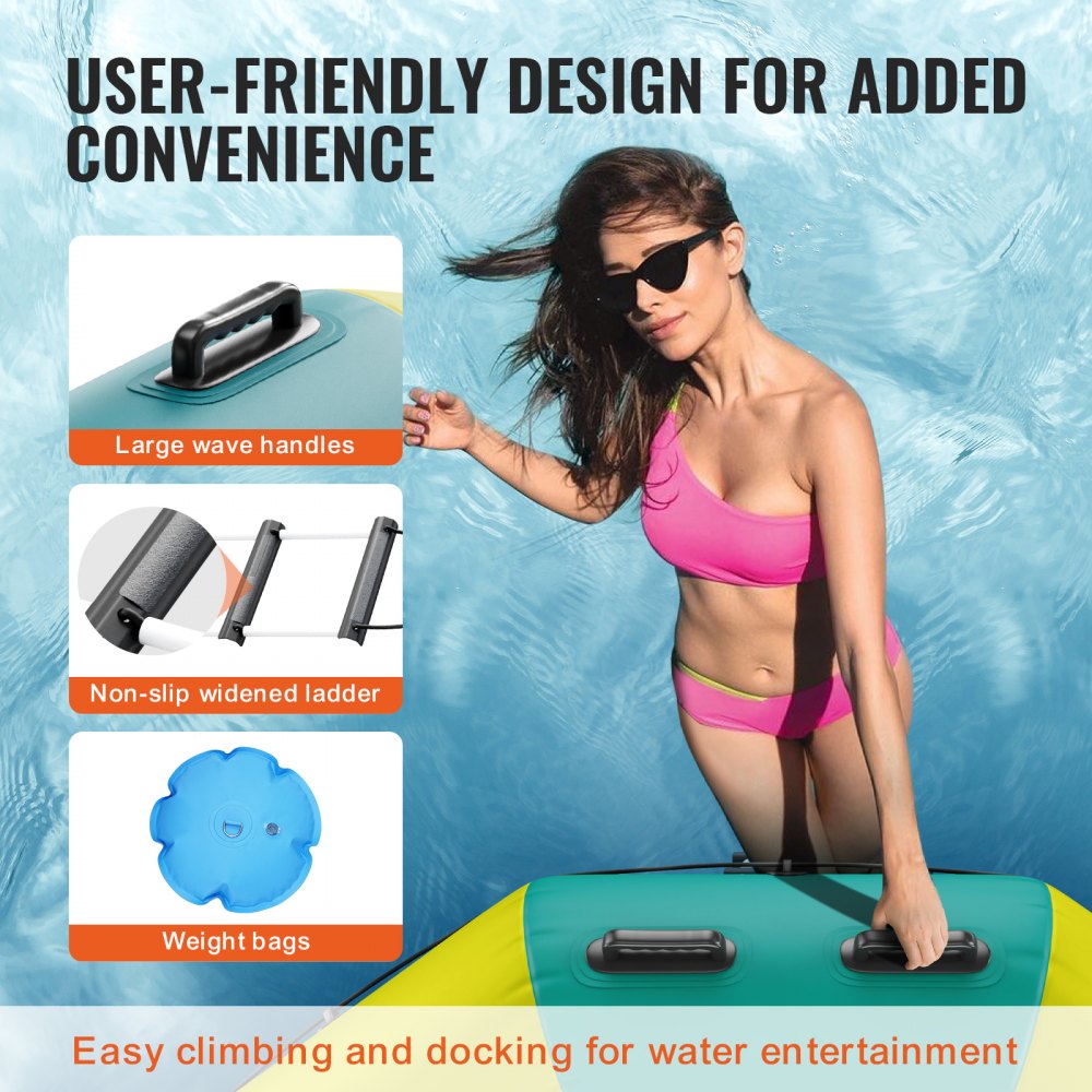 12ft inflatable water trampoline with large wave handles, non-slip ladder, and weight bags.