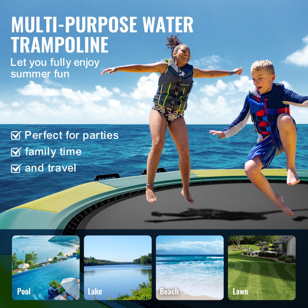 12ft inflatable water trampoline with ladder and pump, shown in use on lake by kids.