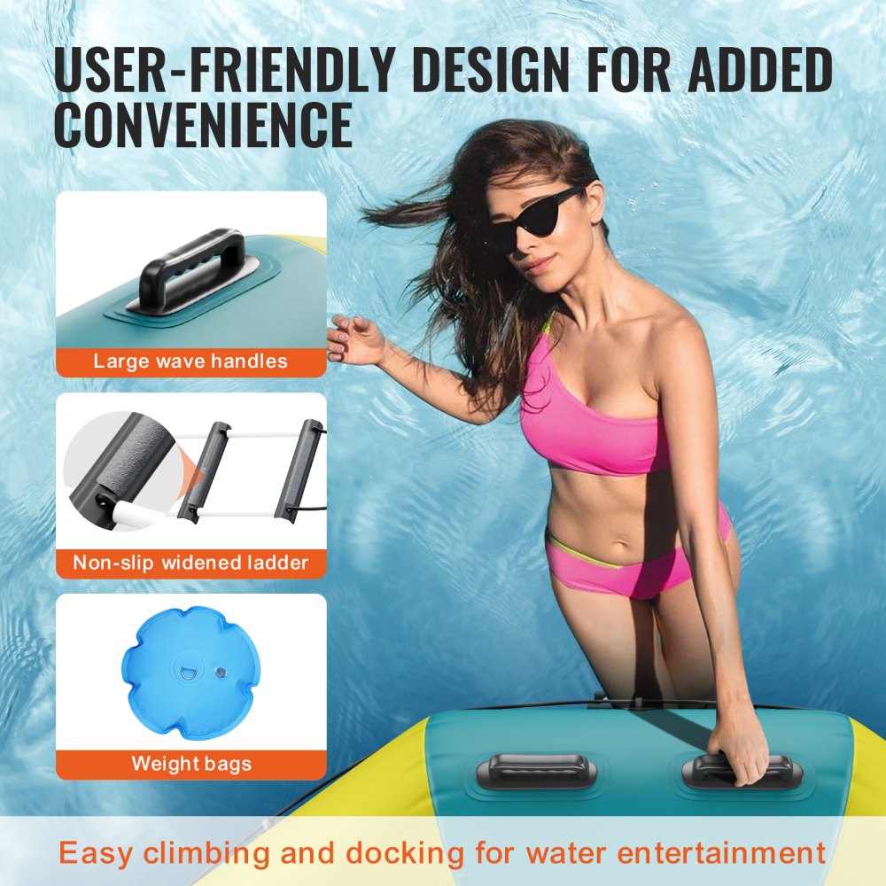 Bostome 13ft inflatable water trampoline with a large bouncing surface and sturdy ladder.