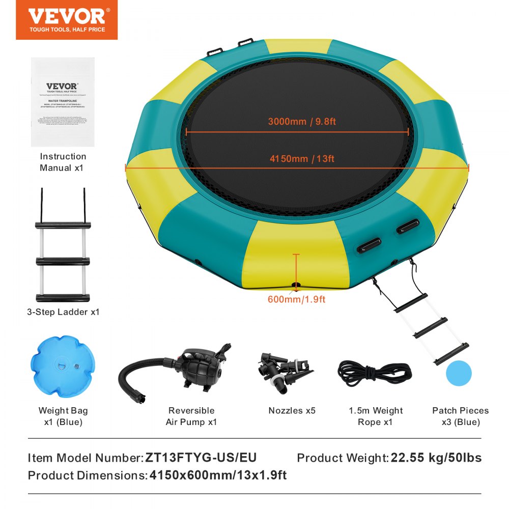 Bostome 13ft inflatable water trampoline with a large bouncing surface and sturdy ladder.