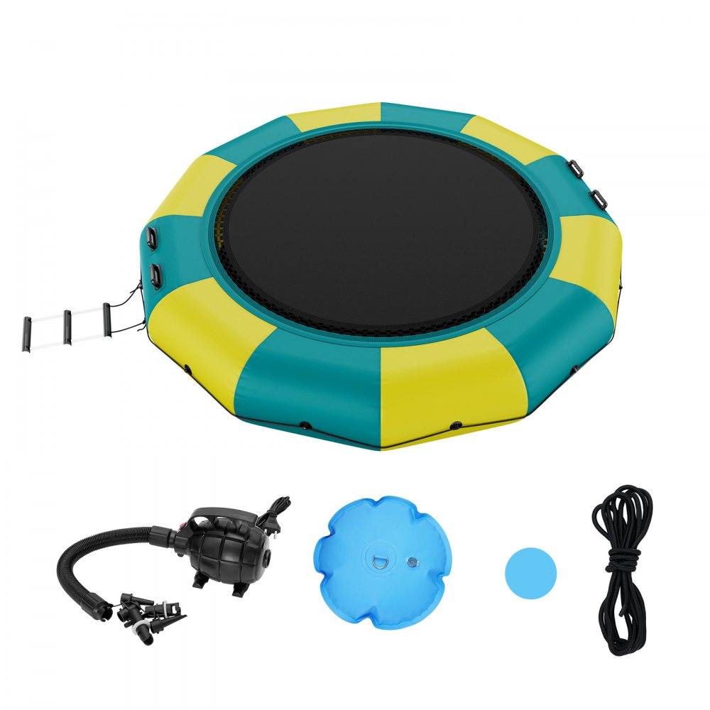 Bostome 13ft inflatable water trampoline with a large bouncing surface and easy-access ladder.