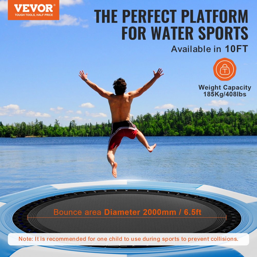 10ft inflatable water trampoline with ladder, designed for safe family fun on water.